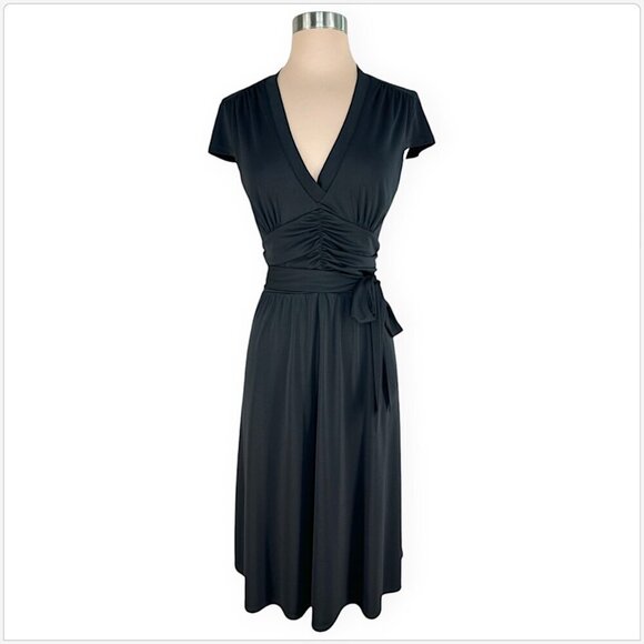 David Meister Black Stretch Jersey Ruched Waist Tie Belt Cap Sleeve Midi Dress 8 - Picture 1 of 4